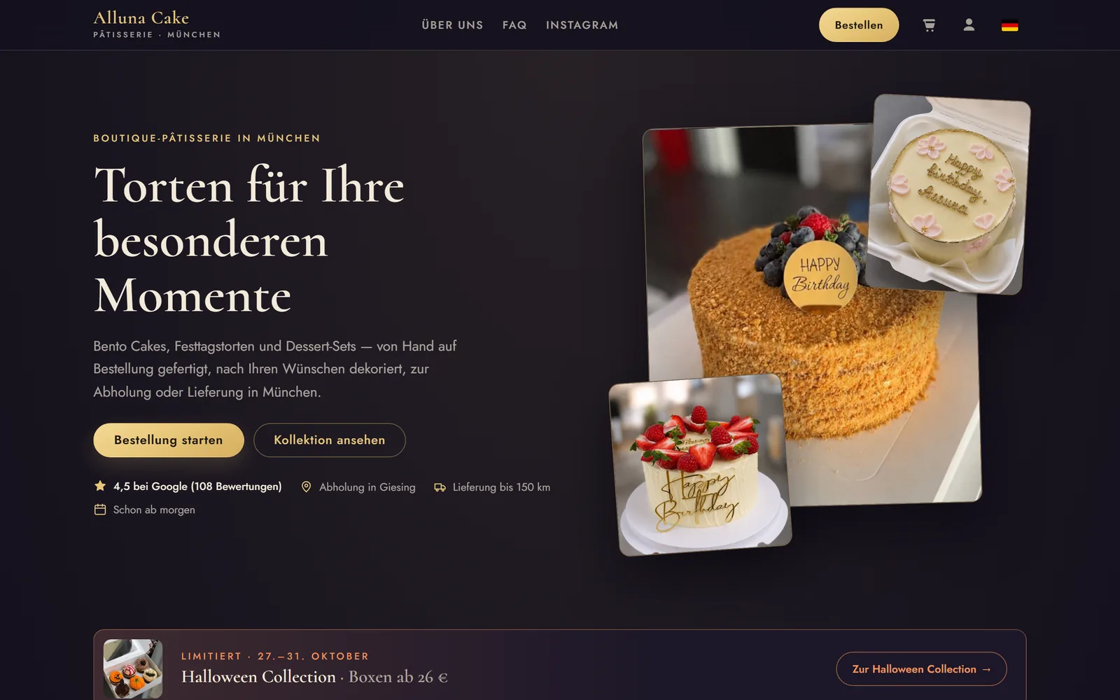 Startseite von allunacake.de mit Torten und dem Button „Bestellung starten“